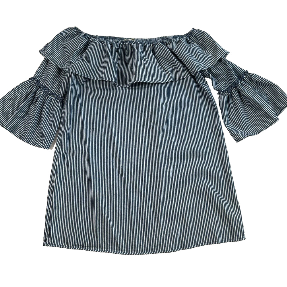 Flying Tomato Off Shoulder Tunic Women's Large Blue/White Chambray Ruffle Top